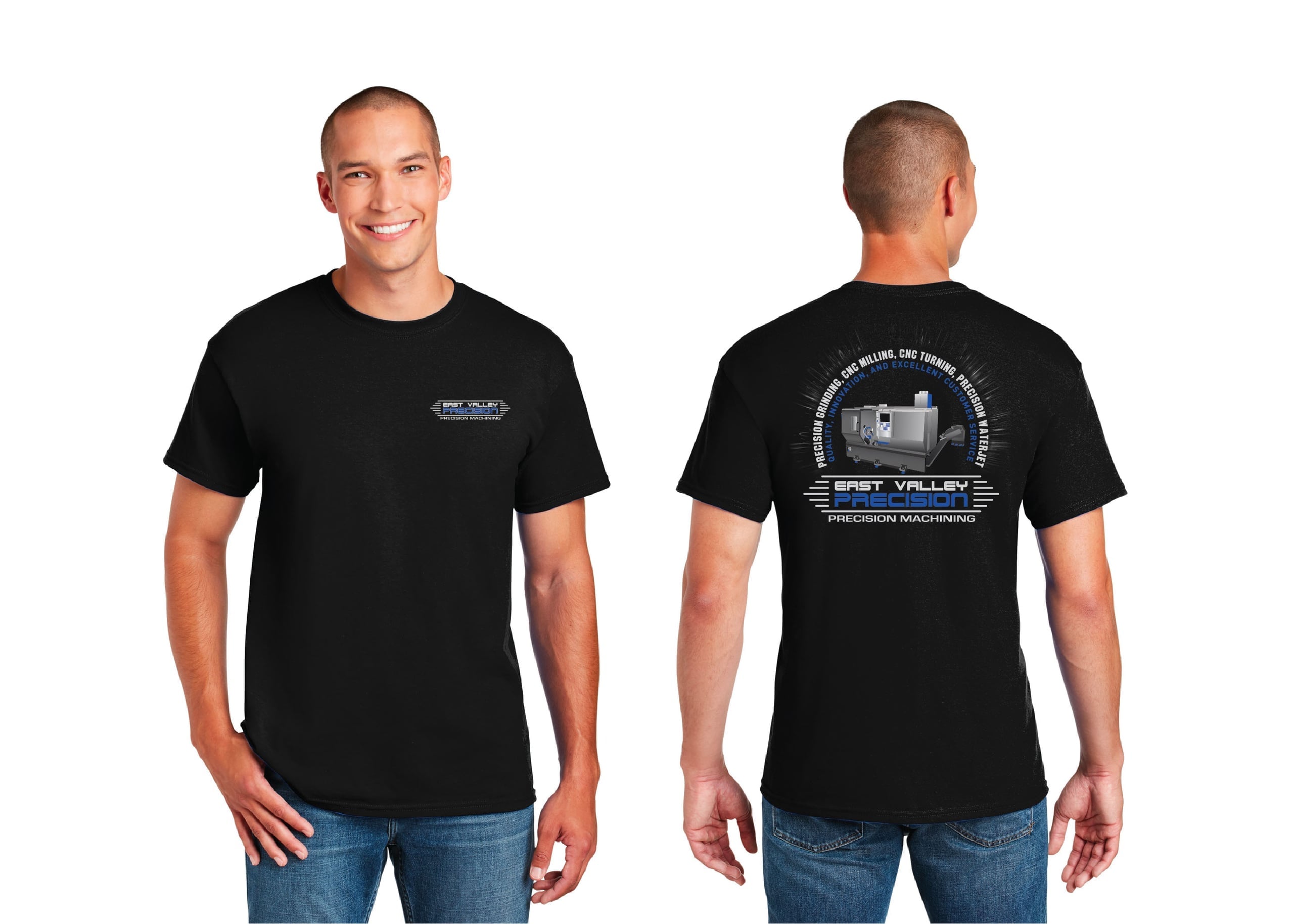 Alternate East Valley Precision Machining shirt with a chest logo and blue-and-white circular CNC service graphic