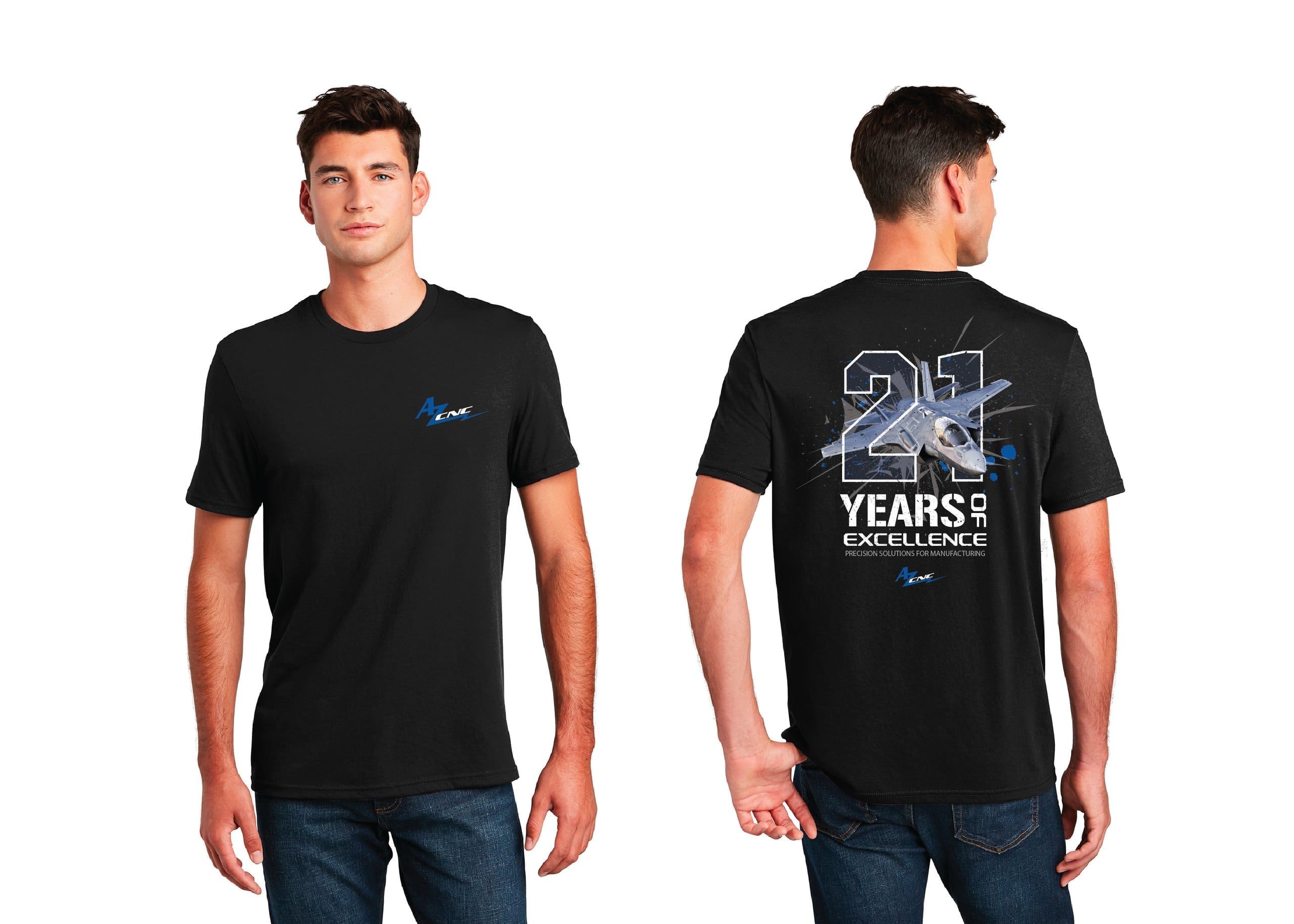 Front and back of a black AZ CNC shirt with a blue chest logo and silver 21 Years of Excellence fighter-jet graphic