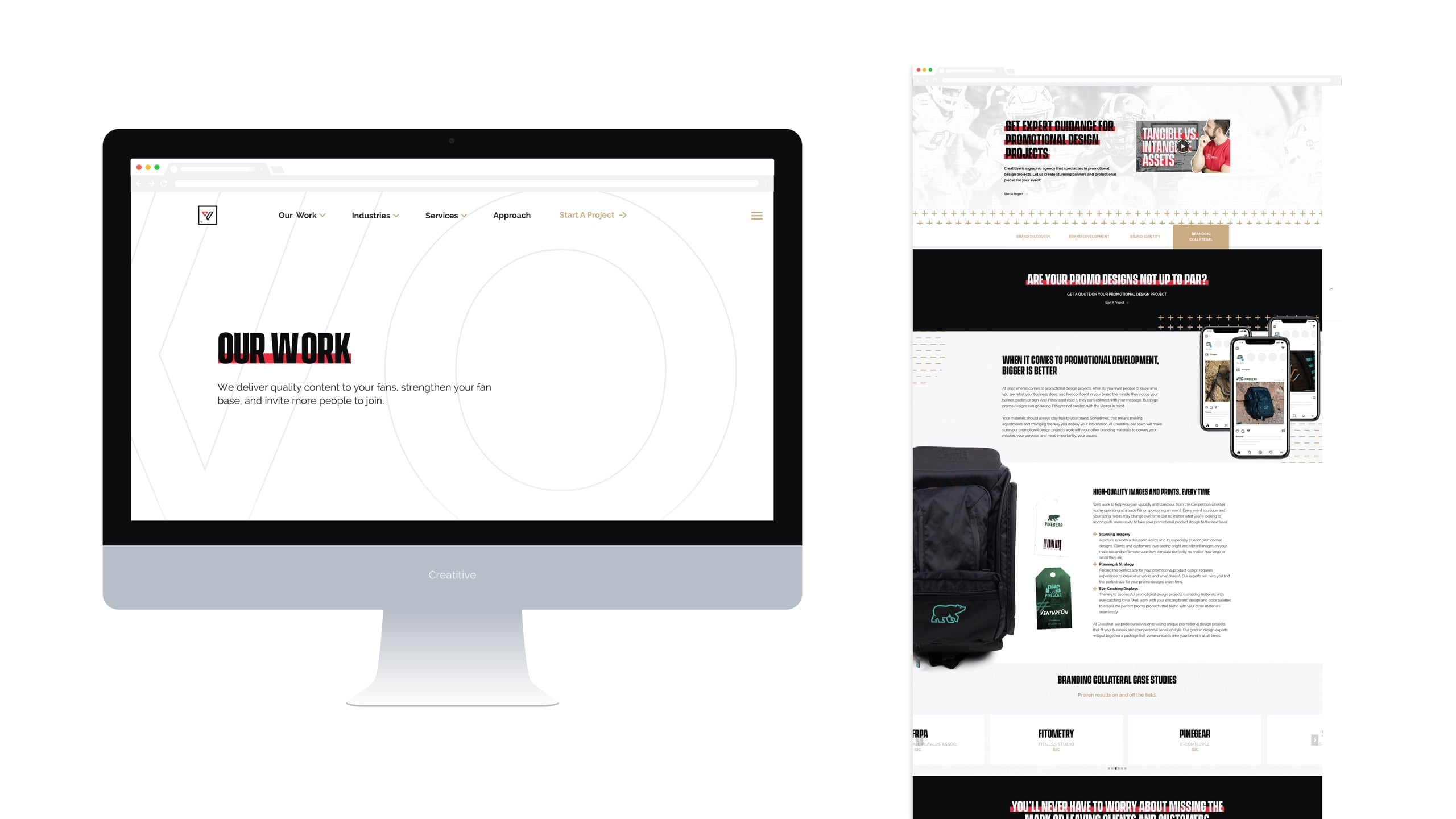 Desktop monitor showing Creatitive's portfolio beside a design-services page featuring backpack photography and branding case studies
