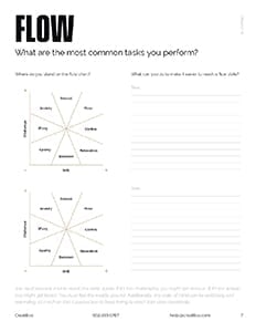 Flow worksheet featuring skill versus challenge chart helping users identify their flow state and common tasks