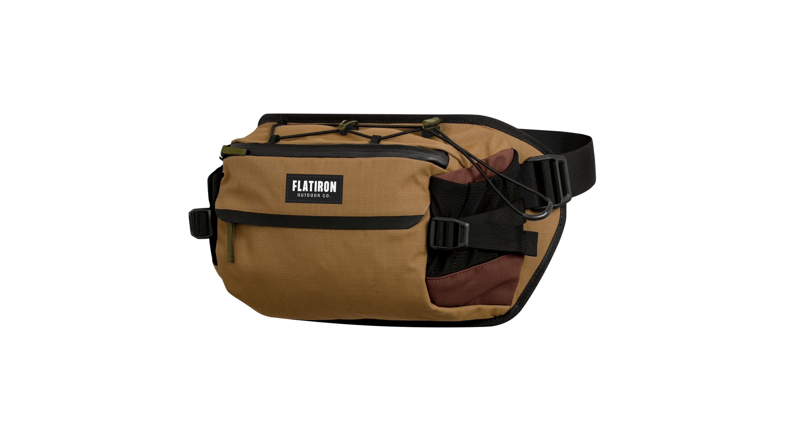 Coyote tan ripstop nylon hip pack with black webbing straps, multiple compartments, bungee cord details, and burgundy accent panel featuring Flatiron Outdoor Co. logo patch.