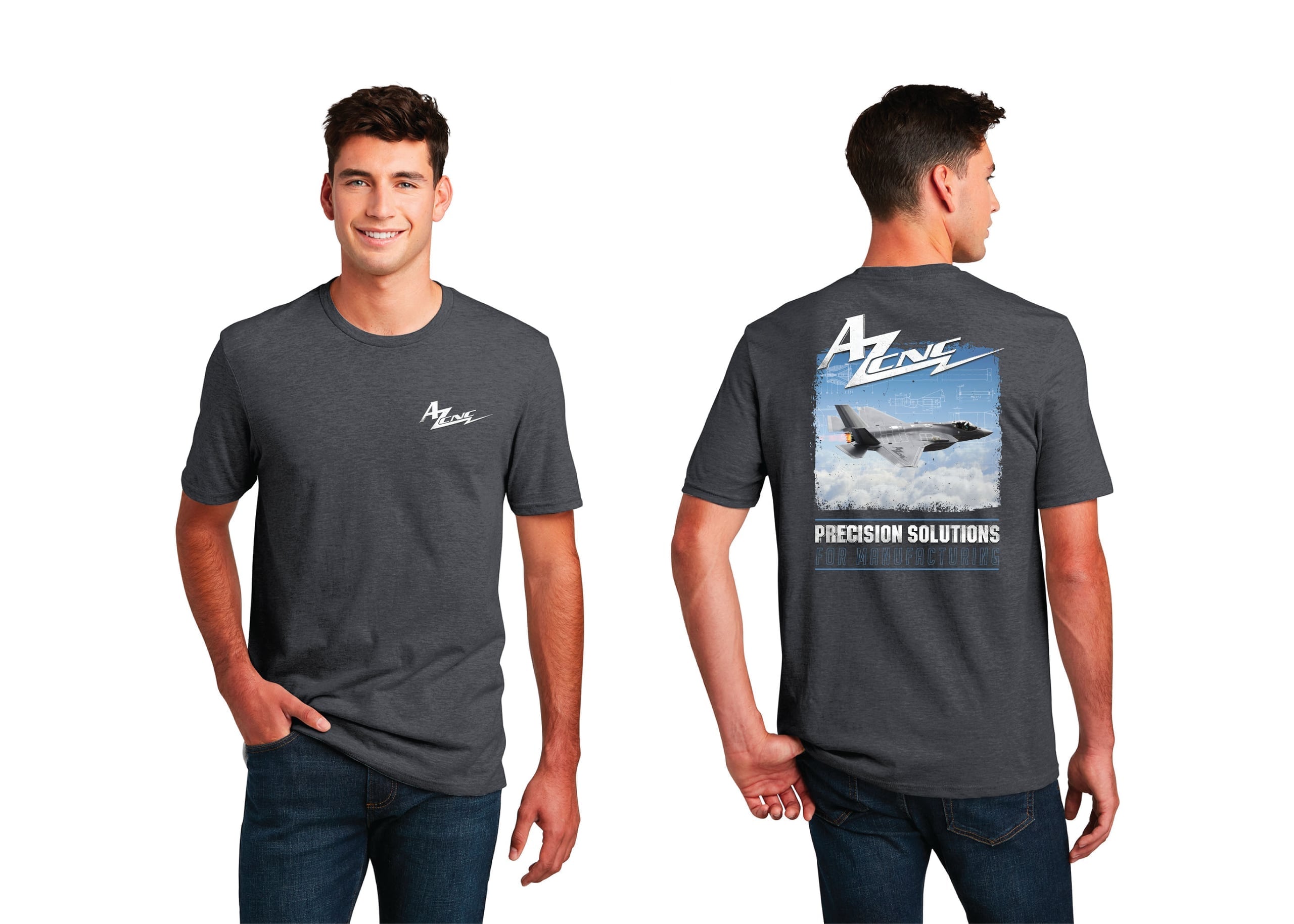 Front and back of a charcoal AZ CNC shirt with white chest logo and an F-35 graphic over a technical blueprint pattern