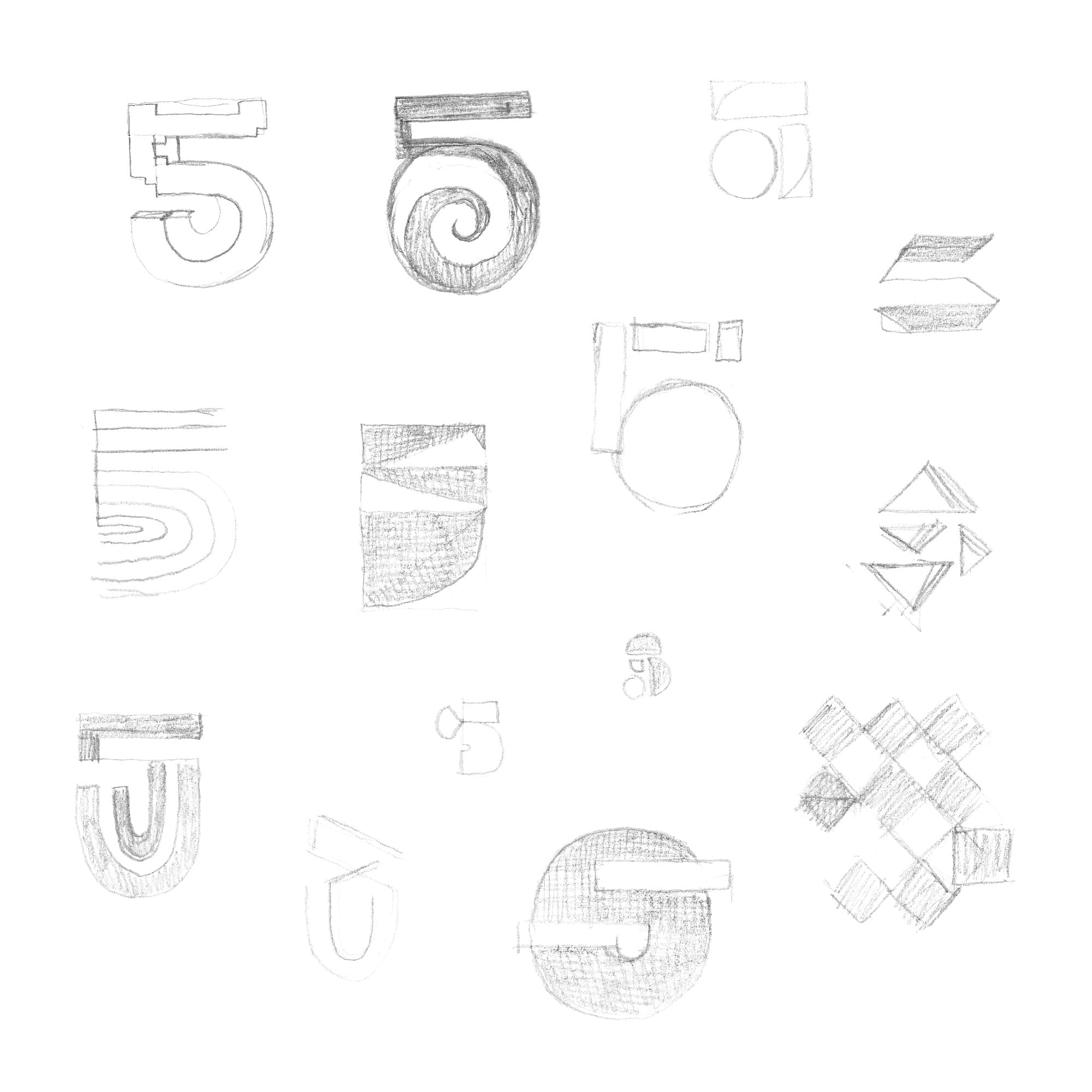 Typography exploration sketches for number 5 with spiral, striped, and modular geometric approaches
