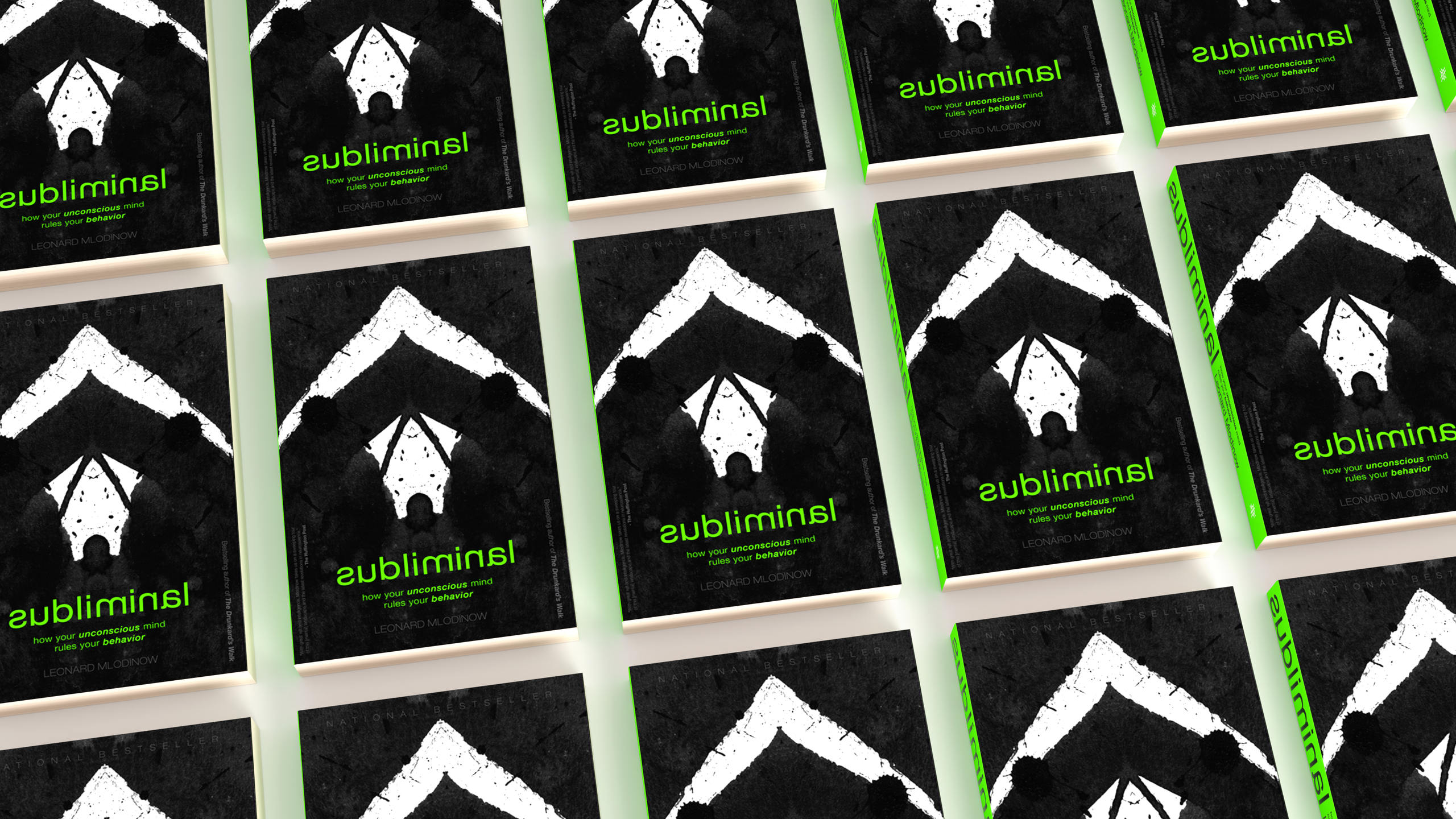 Isometric grid of black Subliminal covers with repeating white ink-blot marks and neon green spines