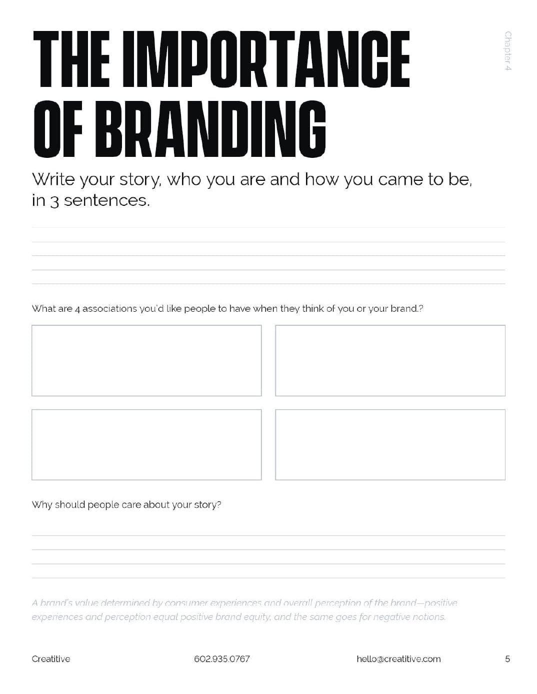 The Importance of Branding workbook page prompting users to write their story and identify four brand associations they want