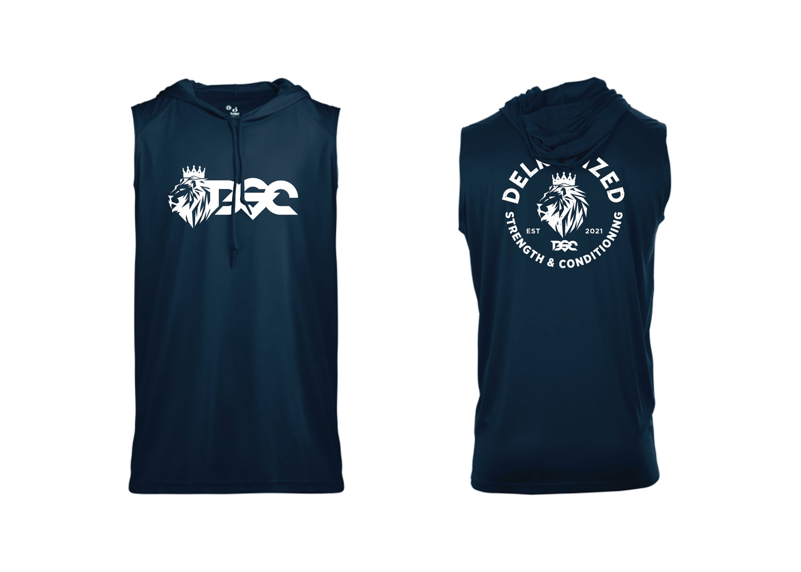 Navy sleeveless gym hoodie with white crowned-lion chest logo and circular Delanized Strength and Conditioning badge