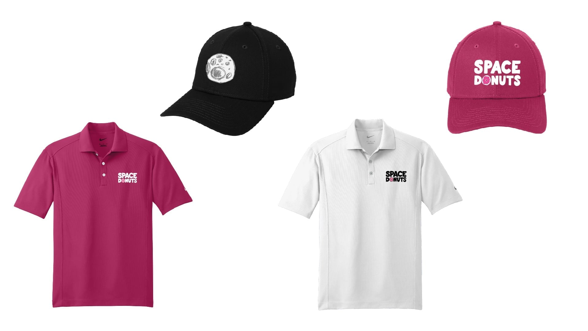 Space Donuts merchandise flat lay with magenta and white polos plus black and magenta embroidered caps
