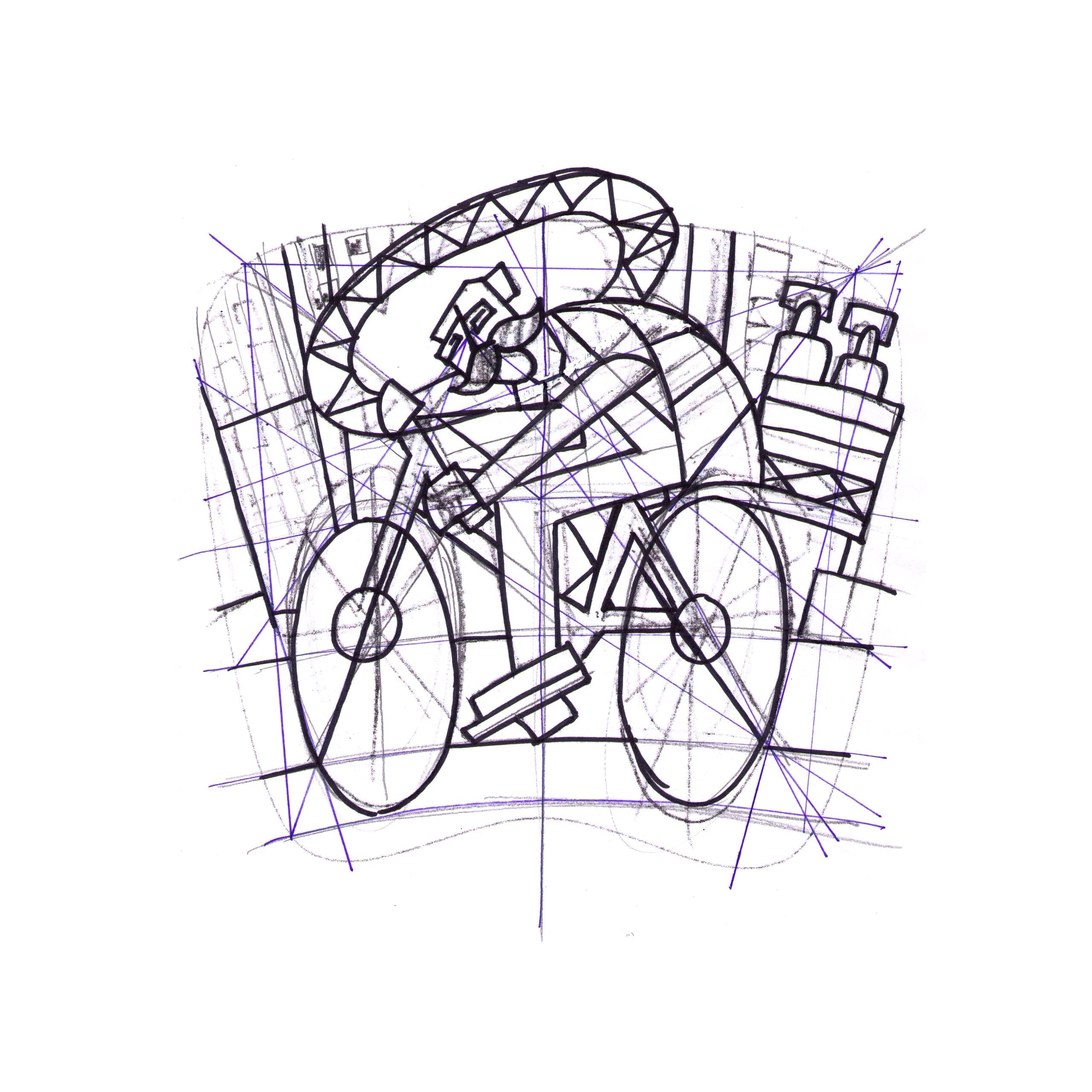 Process sketches showing the evolution of the Charro Hipster chair design from initial pencil sketches of the cubist cyclist to pattern development for the cactus and Aztec geometric backrest designs