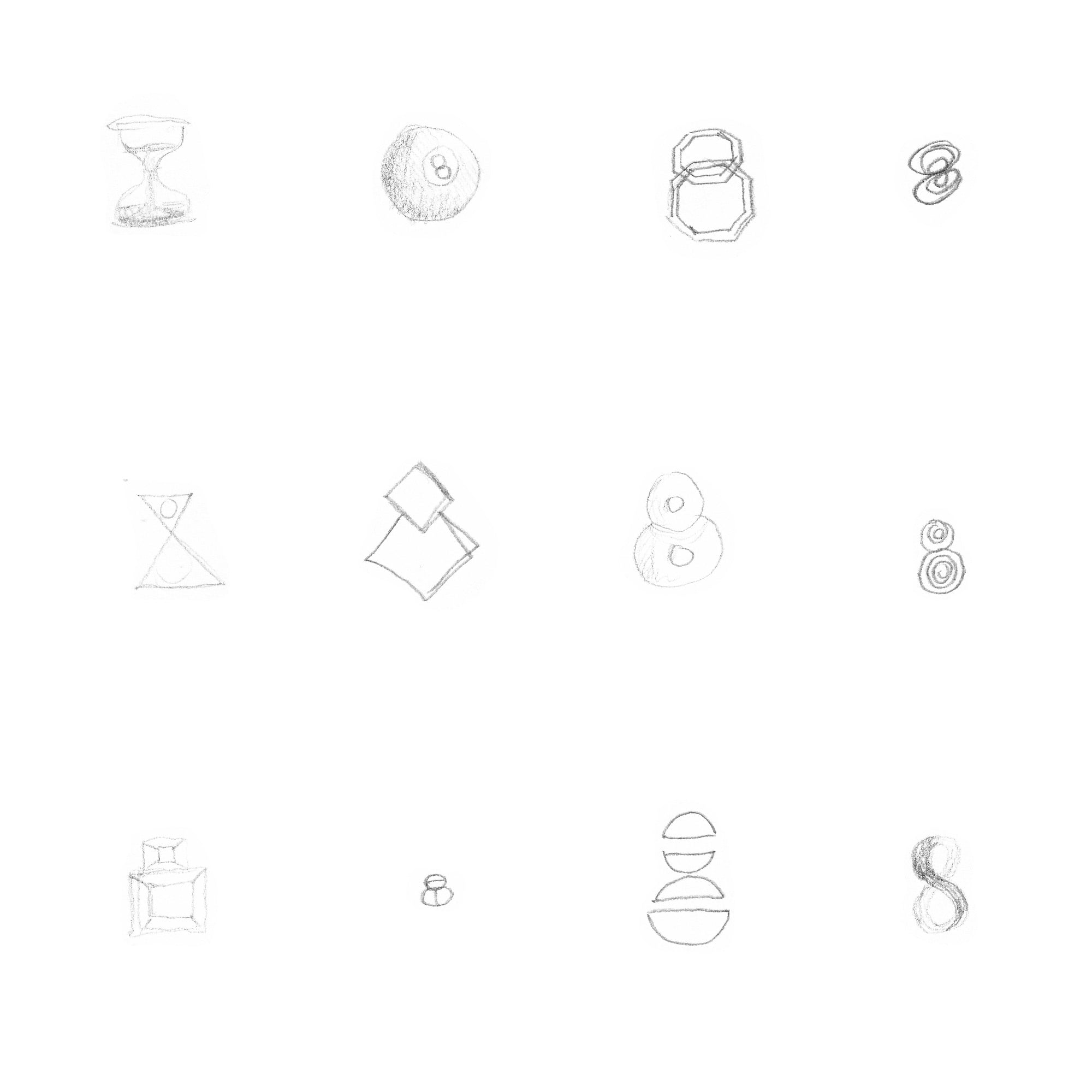 Sketch studies for number 8 showing hourglass shapes, billiard ball concepts, infinity symbols, and stacked spheres