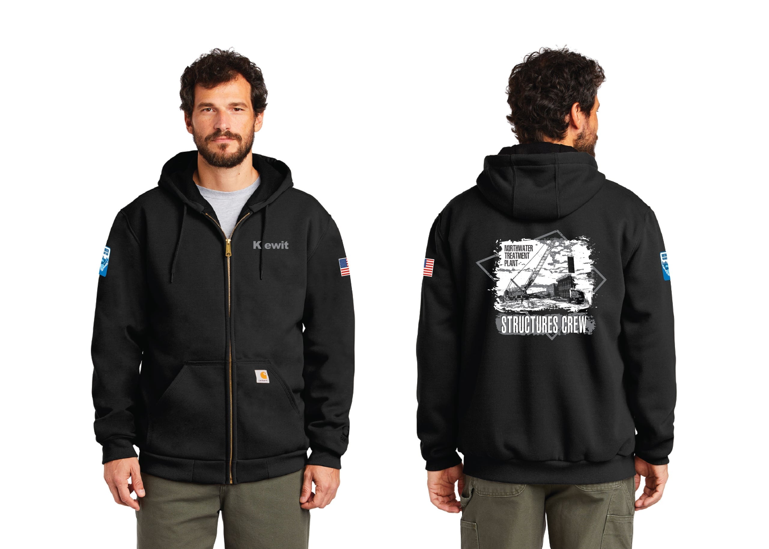 Black construction hoodie with chest logo, flag sleeve patches, and a distressed treatment-plant crew graphic on the back