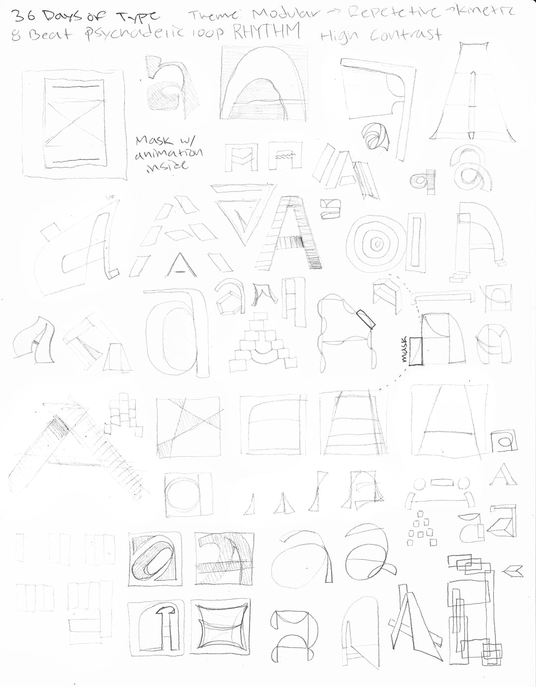 Extensive pencil sketches for letter A exploring modular, repetitive, and kinetic design themes with high contrast
