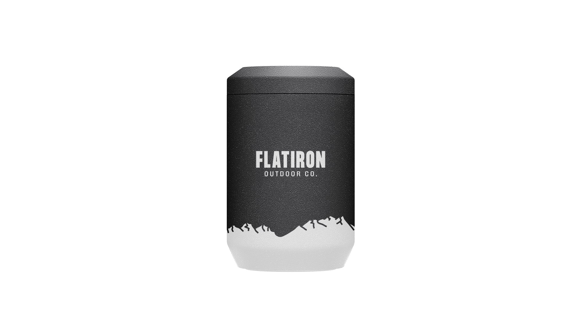 Matte black insulated can cooler with textured finish featuring white Flatiron Outdoor Co. typography and wraparound mountain range silhouette graphic at the base.