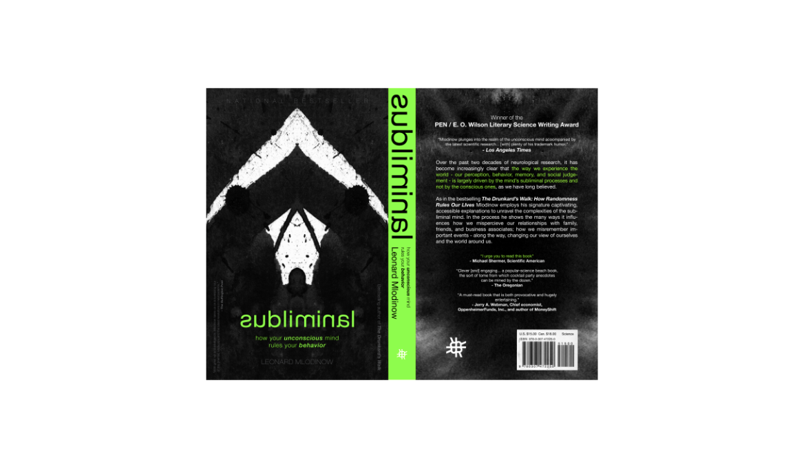 Full Subliminal cover spread with a white ink-blot mark, black texture, neon green typography, synopsis, and barcode
