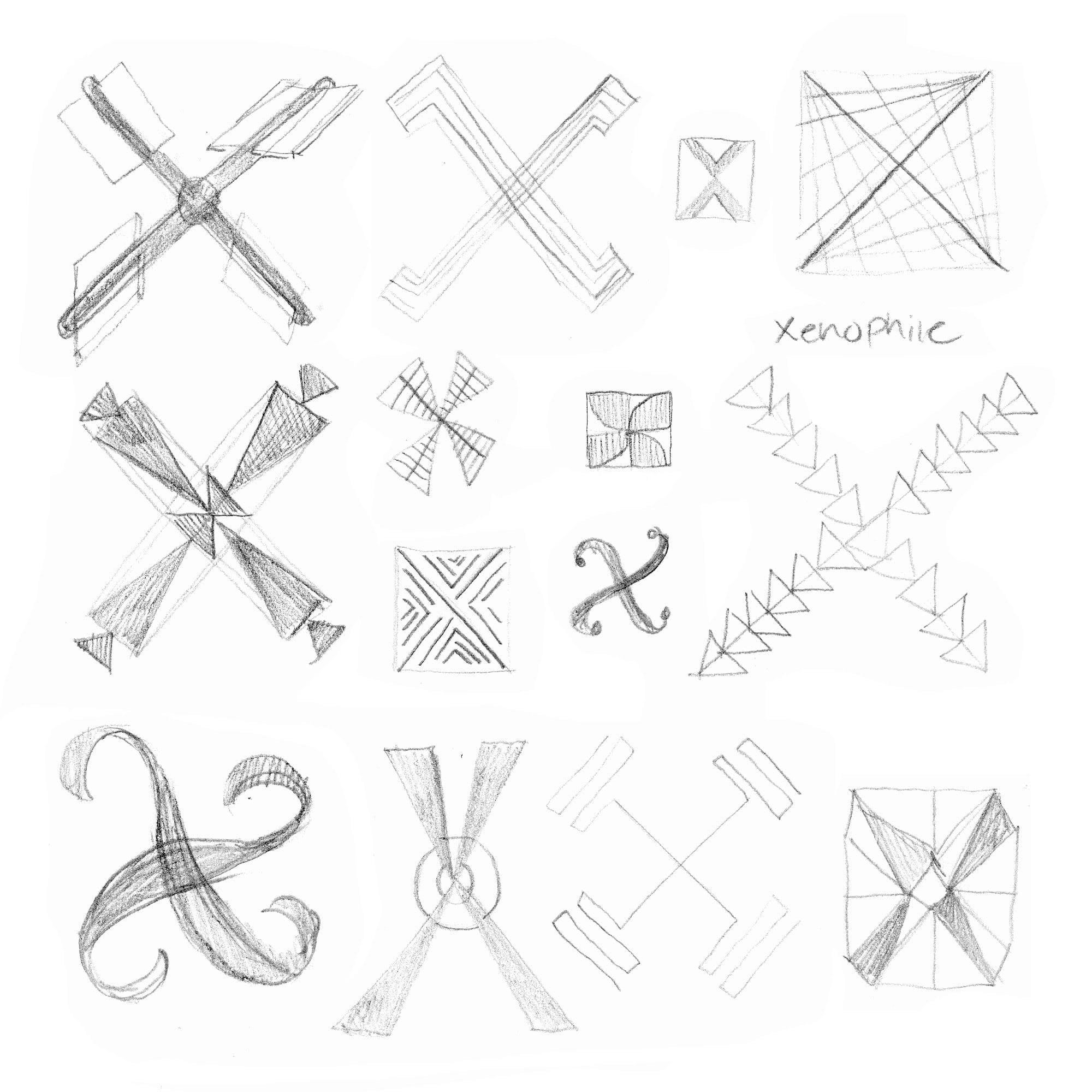 Hand-drawn concepts for letter X showing crossed tool shapes, origami folds, and radial symmetry variations