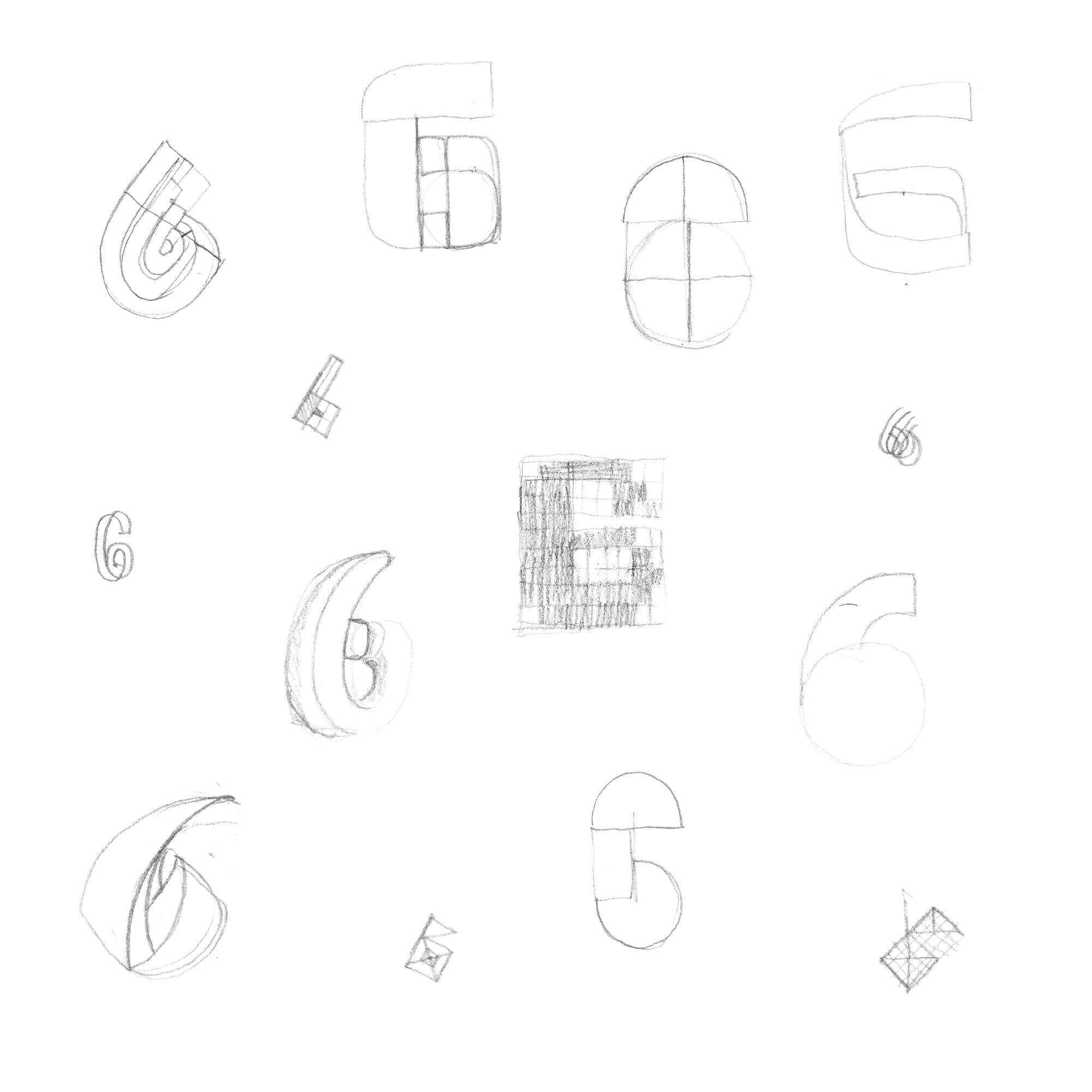 Pencil concept drawings for number 6 with curved loops, segmented forms, and dimensional shading studies