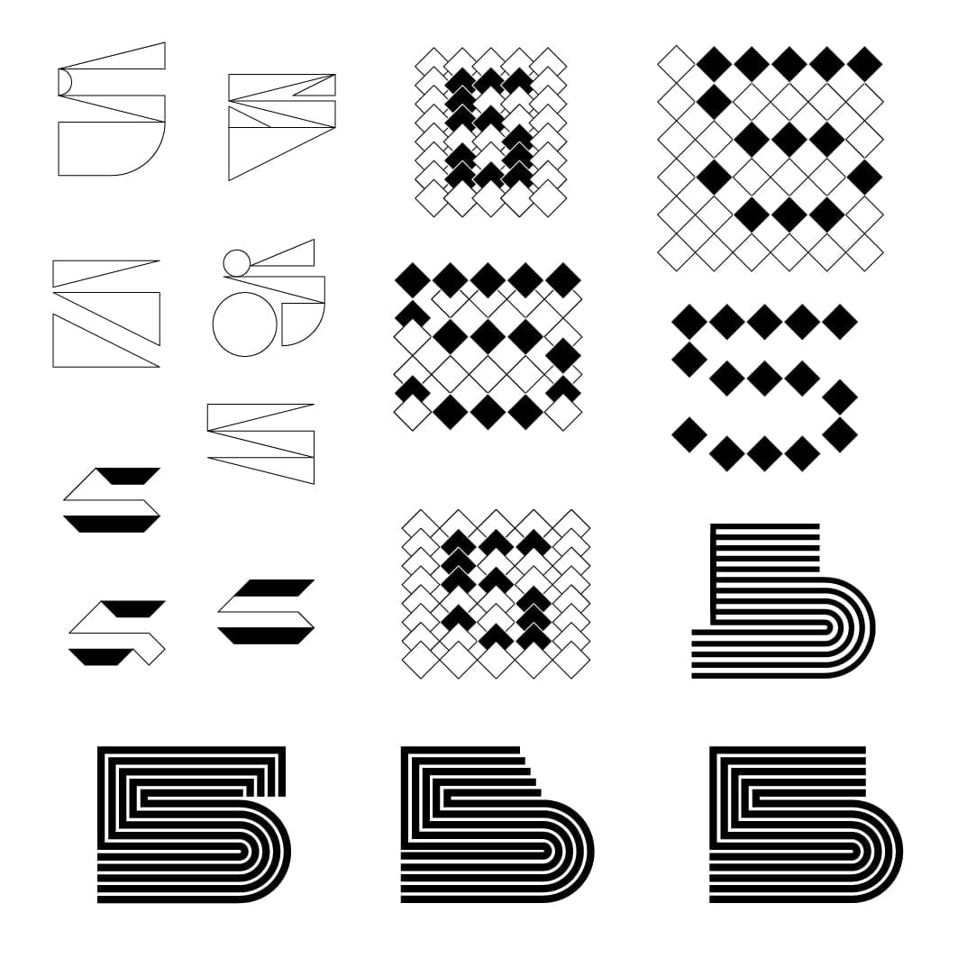 Digital vector iterations of number 5 featuring diamond pattern fills and bold parallel line treatments