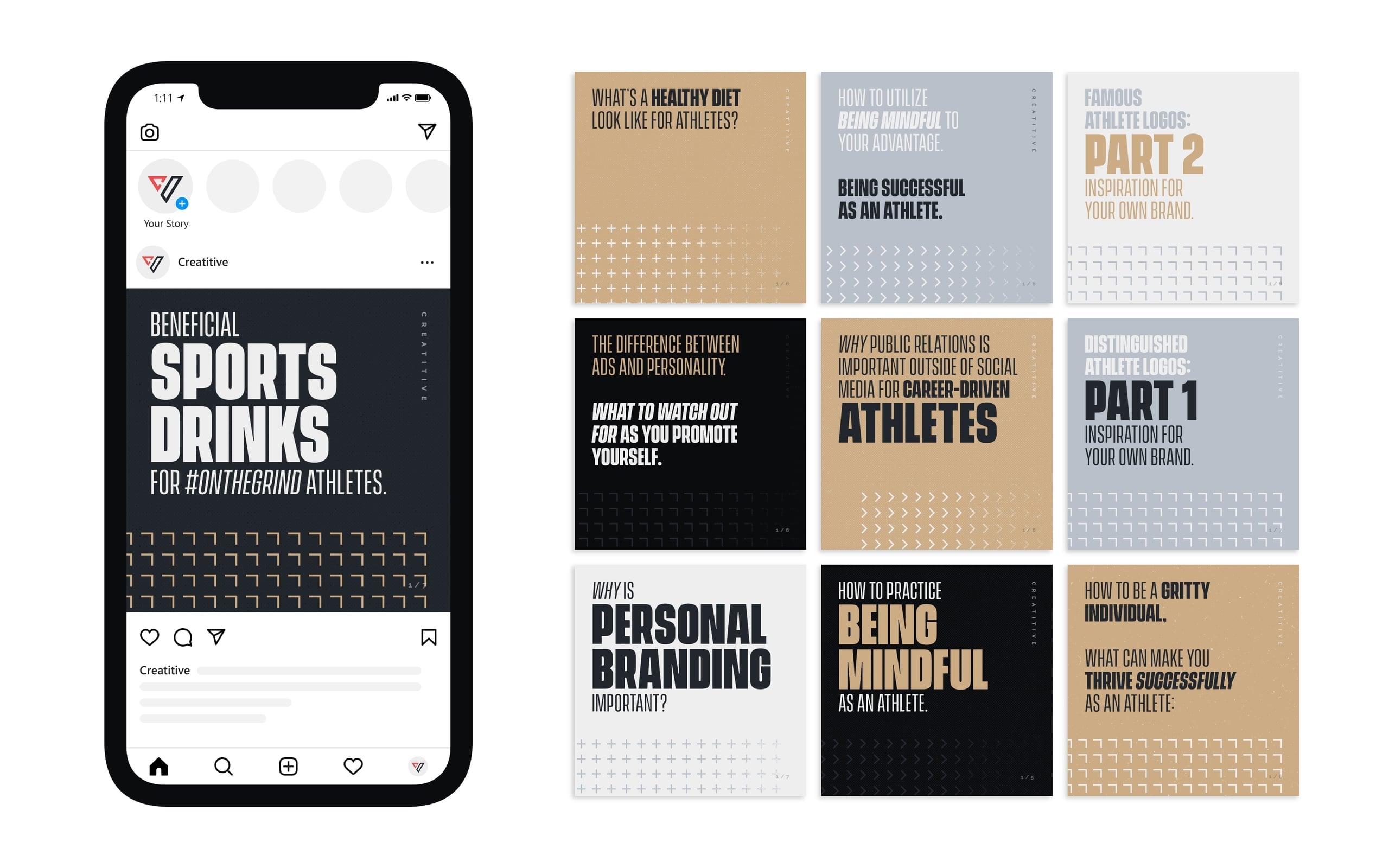 Instagram feed strategy on a phone beside a nine-post athlete-focused content calendar in Creatitive's black, tan, and gray palette