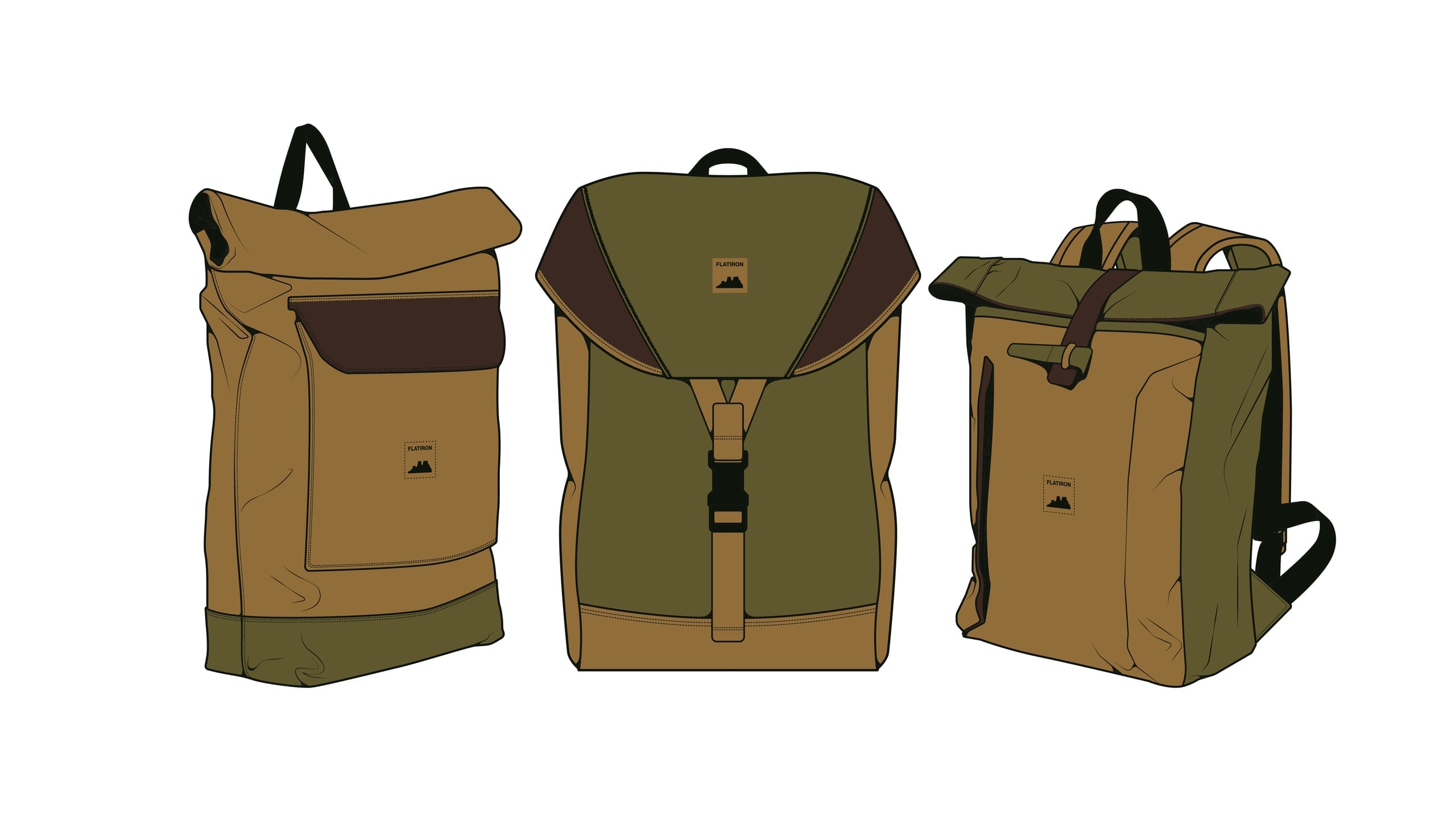 Technical illustration of three outdoor backpack designs in olive green and tan canvas with roll-top closures and leather accents