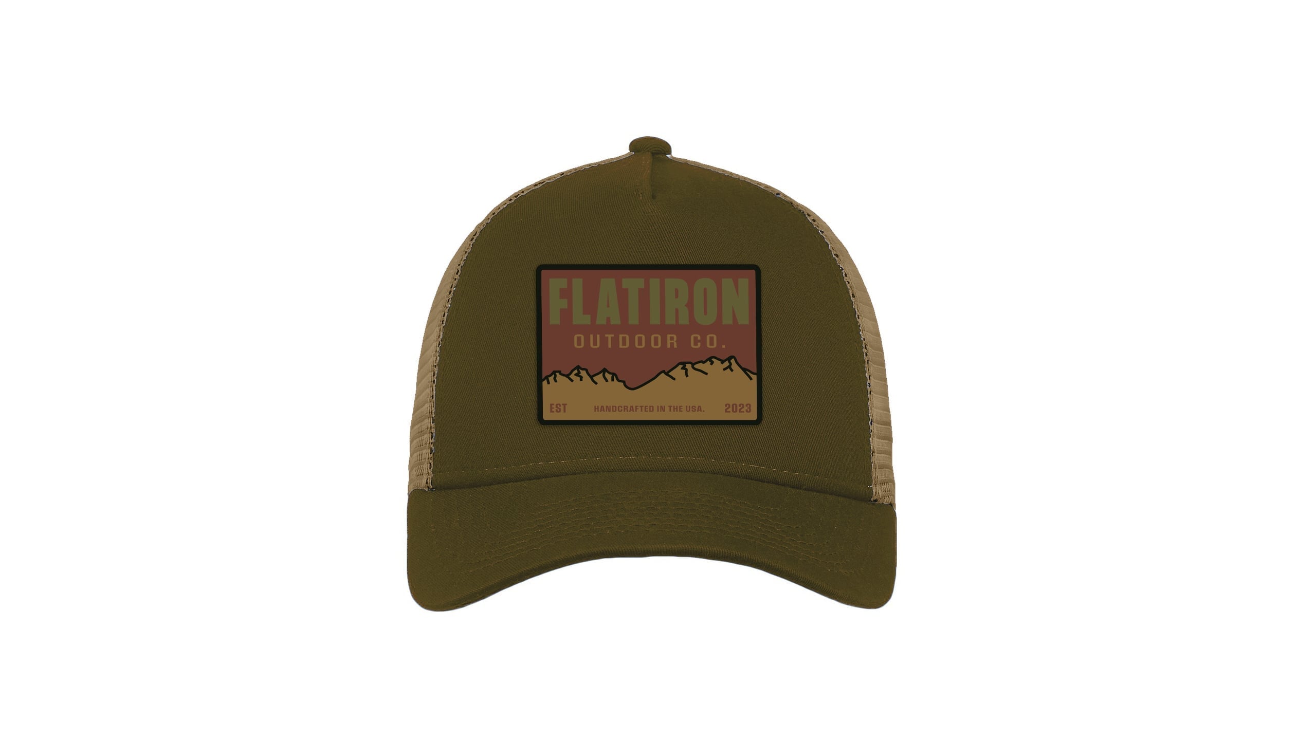 Olive green trucker hat with tan mesh back featuring a rectangular embroidered patch showing mountain silhouette and sunset gradient in earth tones for Flatiron Outdoor Co.