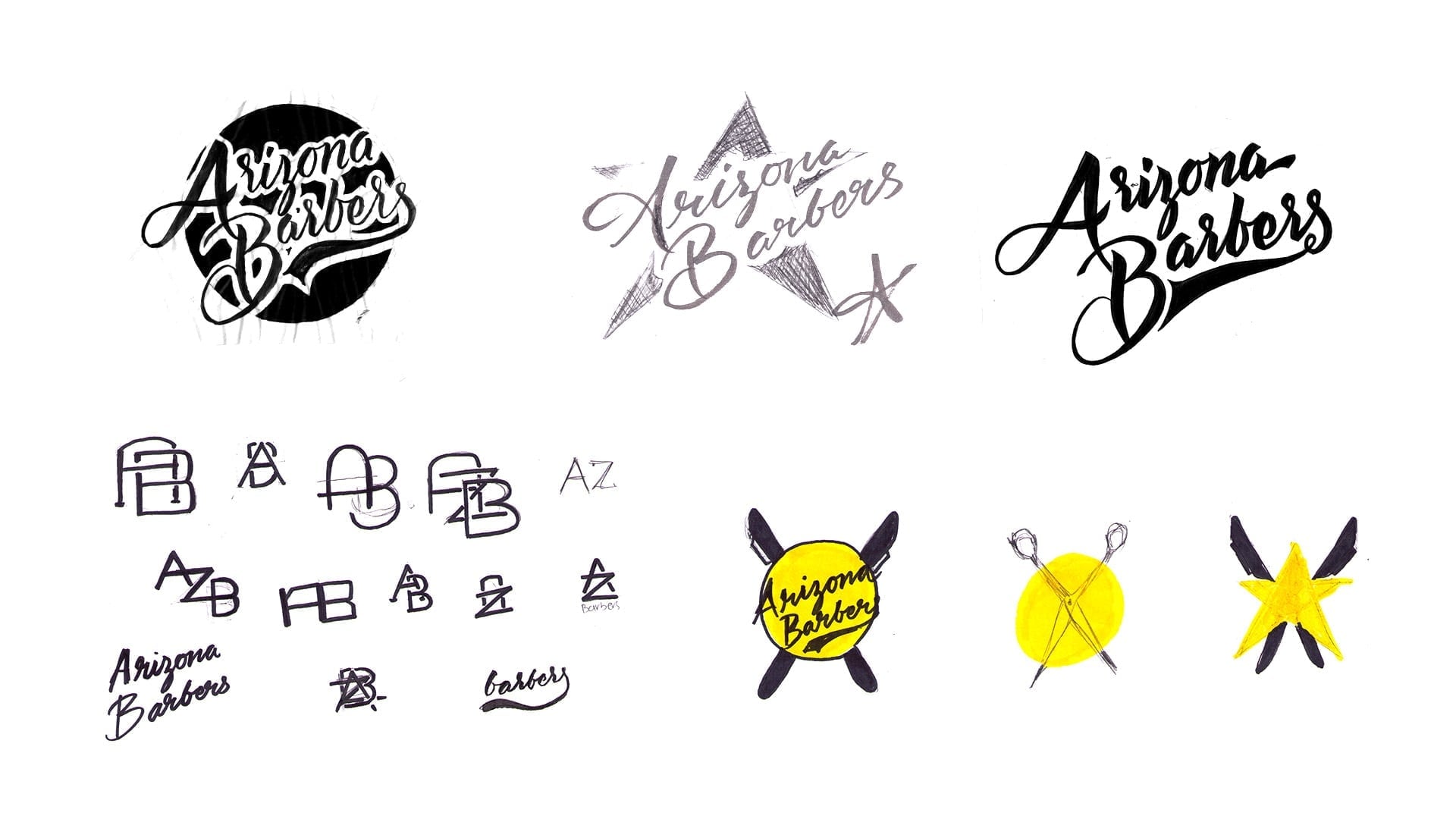Hand-drawn logo sketches showing script lettering concepts, AB monogram variations, and crossed razor iconography for Arizona Barbers
