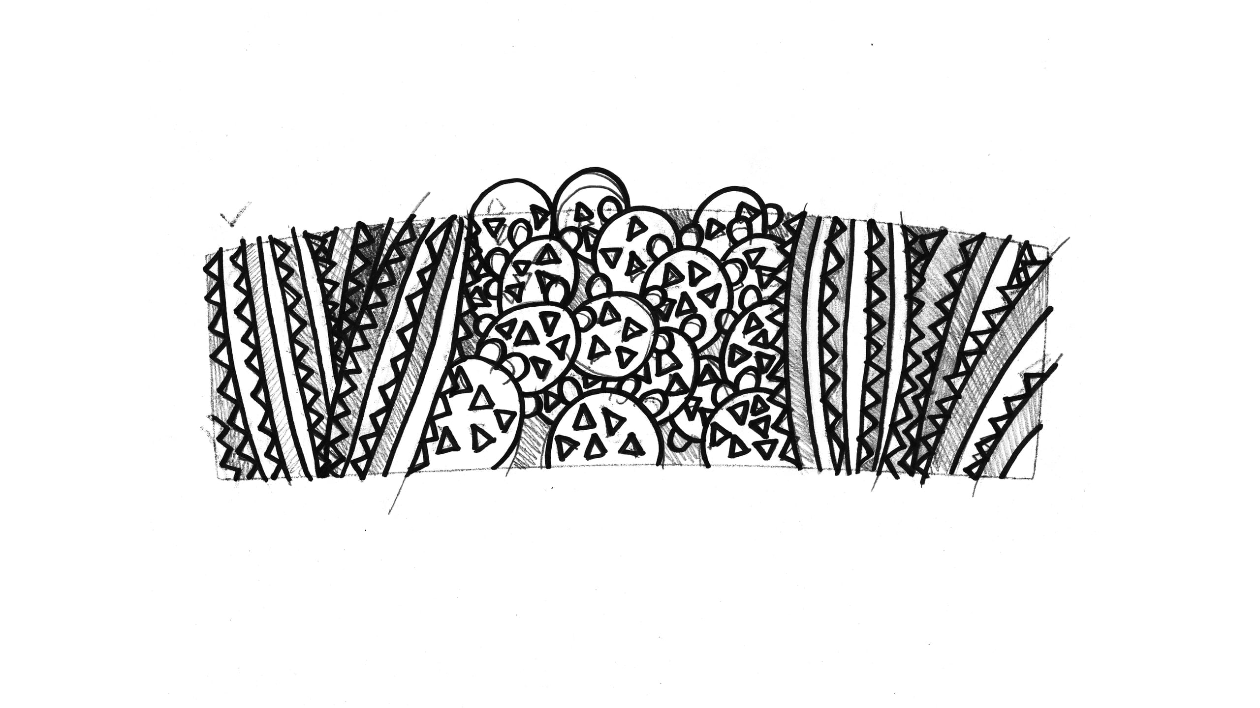 Process sketches showing the evolution of the Charro Hipster chair design from initial pencil sketches of the cubist cyclist to pattern development for the cactus and Aztec geometric backrest designs