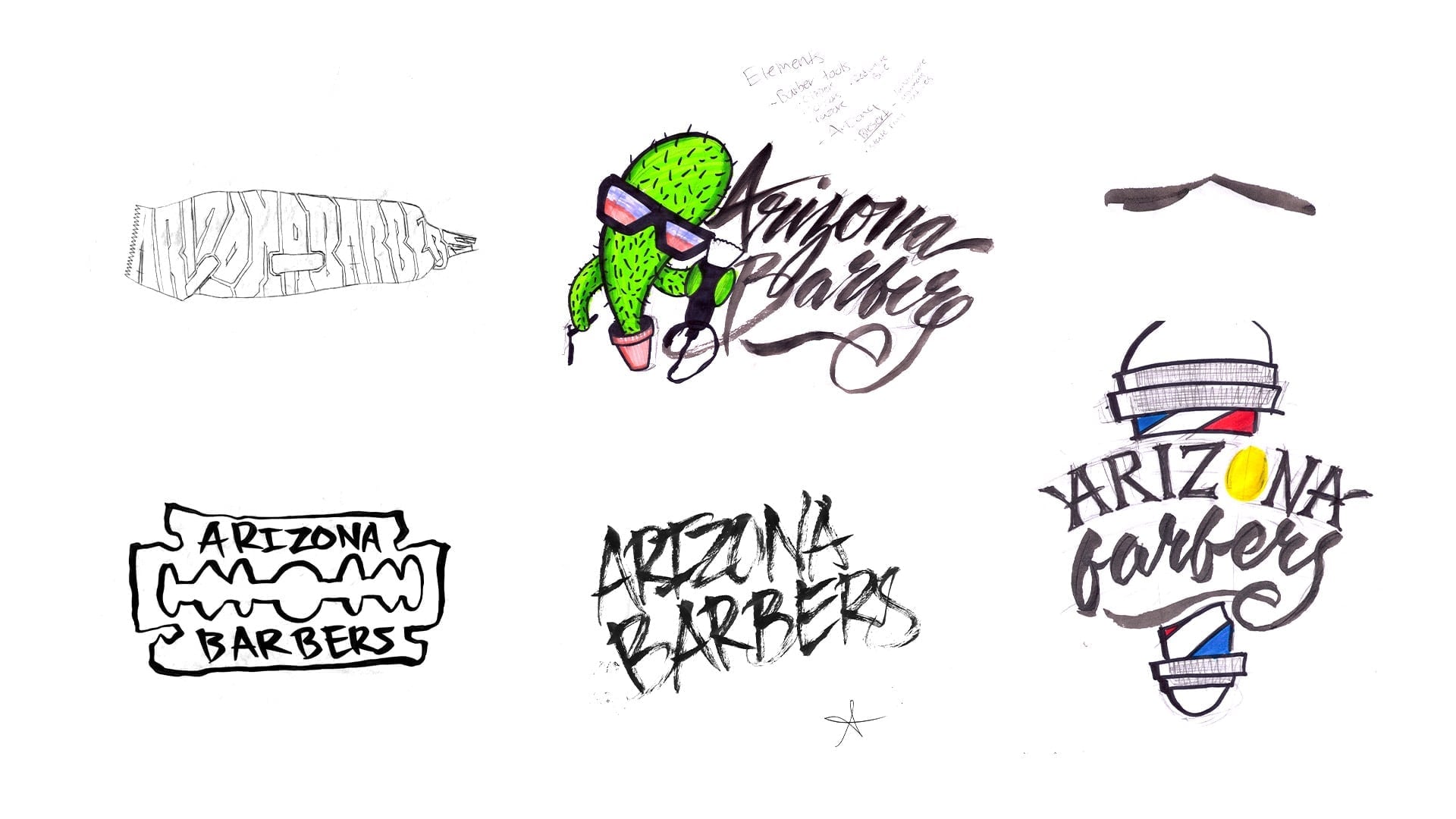 Logo concept sketches featuring razor blade typography, cactus mascot character, barber pole designs, and script lettering explorations