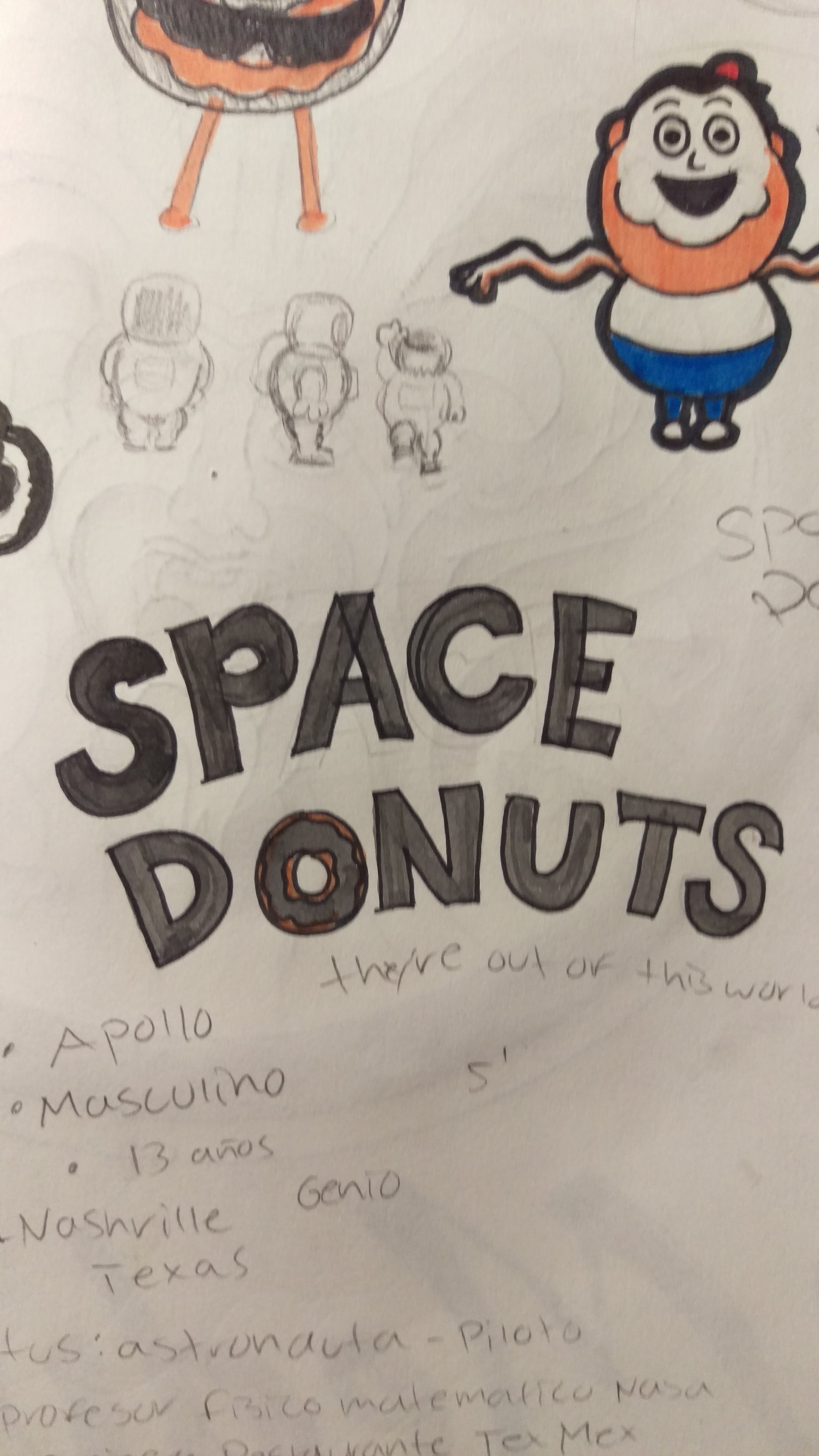 Space Donuts process sheets with logo concepts, Apollo mascot sketches, typography studies, and the final pink packaging dieline