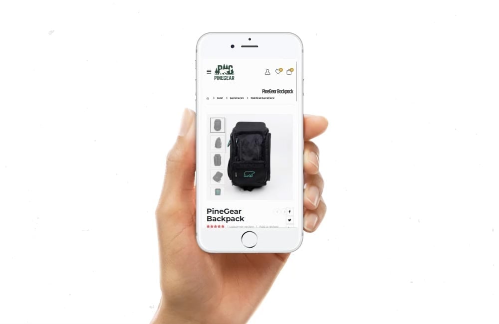 Mobile e-commerce mockup showing hand holding iPhone displaying PineGear backpack product page with five-star rating