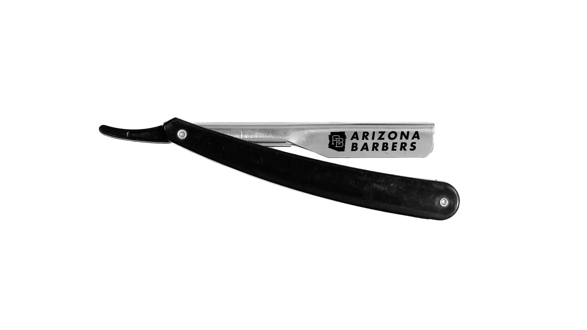 Professional straight razor with black handle and stainless steel blade engraved with Arizona Barbers logo and AB monogram