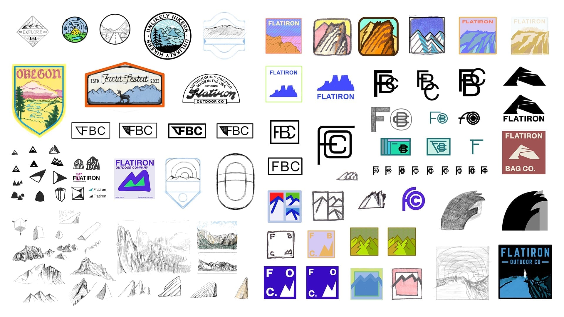 Digital mood board with outdoor brand logo concepts including mountain badges, shield emblems, monograms, and landscape illustrations in various color schemes