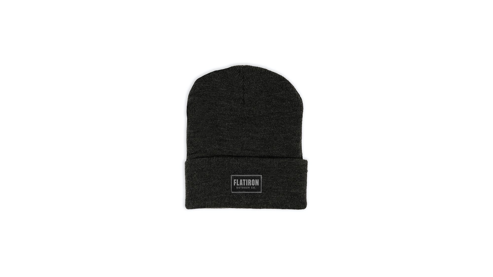 Charcoal gray cuffed knit beanie with subtle heather texture featuring small rectangular Flatiron Outdoor Co. woven label on fold, product photography on white background.
