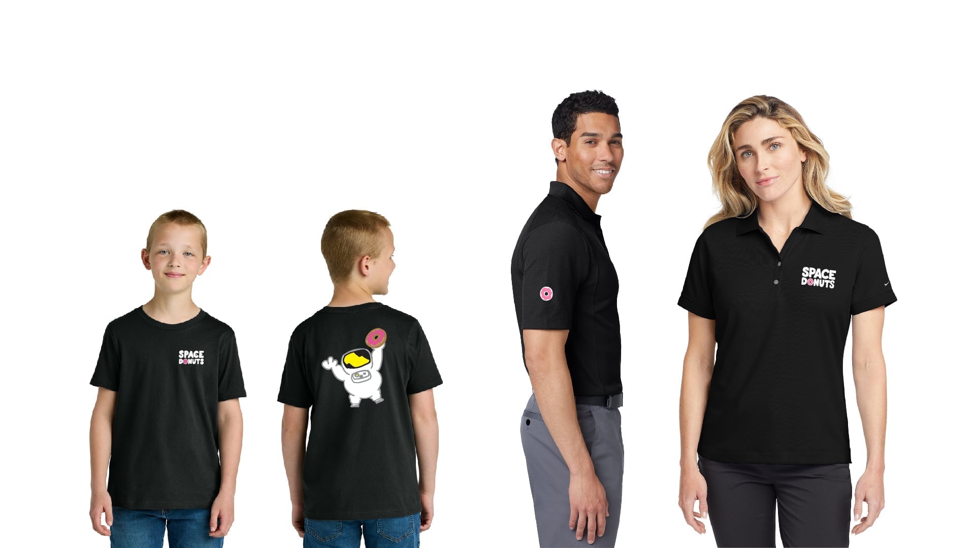 Models wearing black Space Donuts shirts and polos featuring the Apollo mascot, wordmark, and embroidered donut icon