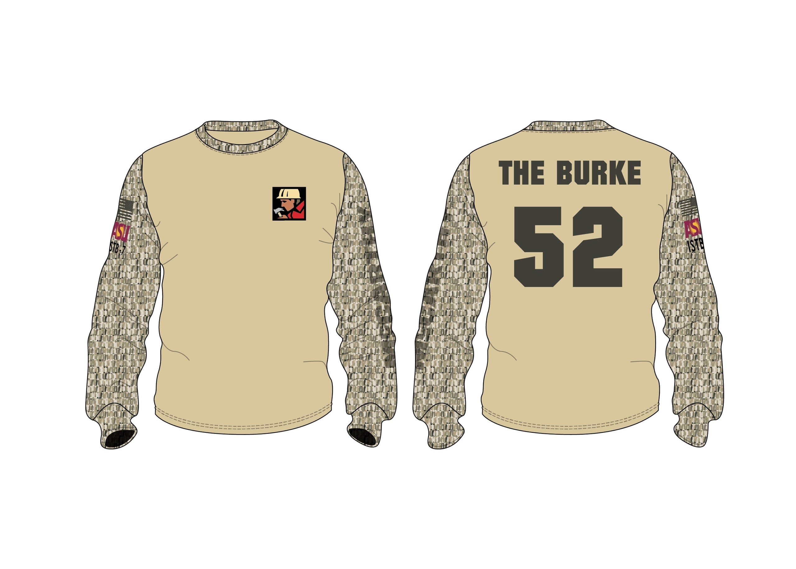 Tan camouflage work shirt with McCarthy chest patch, The Burke 52 back lettering, and ASU STB-7 sleeve branding
