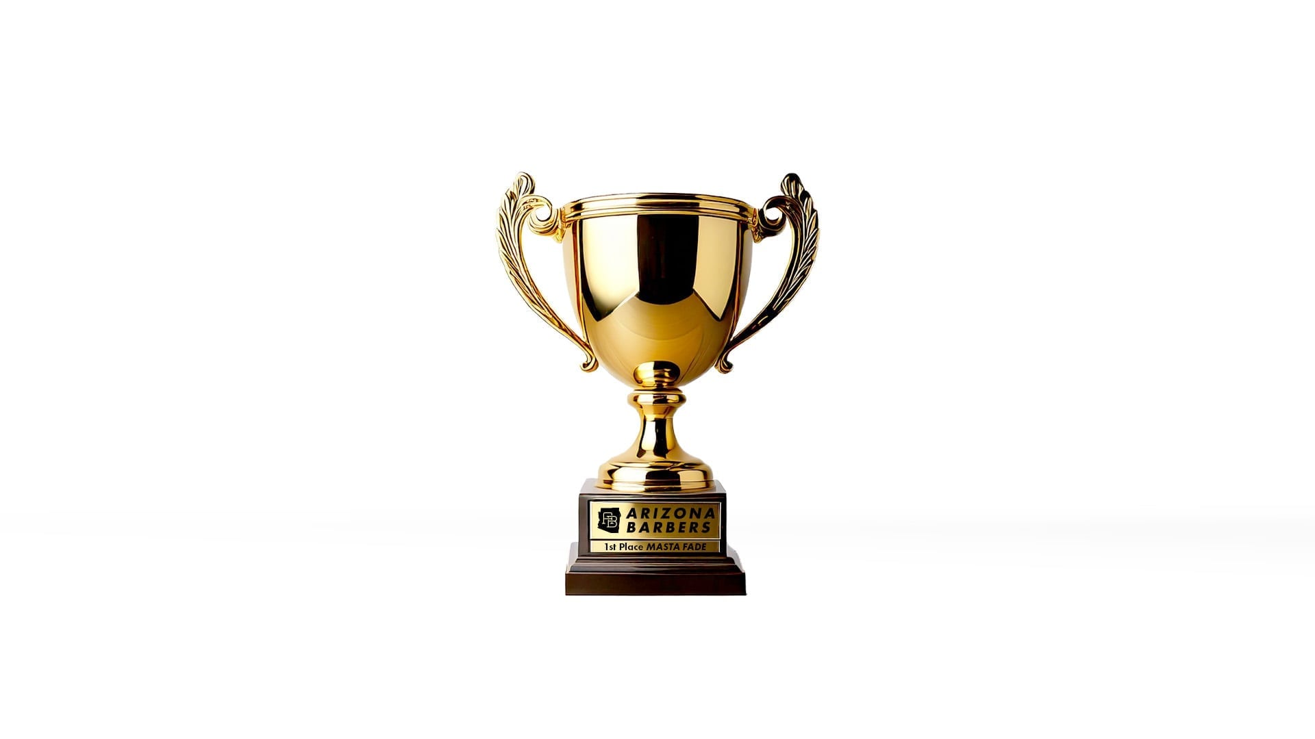 Gold trophy cup with ornate handles on dark wooden base featuring Arizona Barbers logo and 1st Place Masta Fade engraving